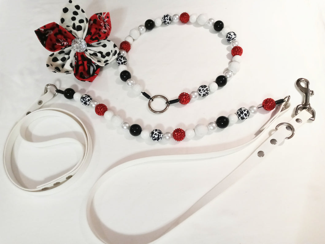 Cruella inspired set o ring collar, beaded biothane leash and collar flower sm to xxl