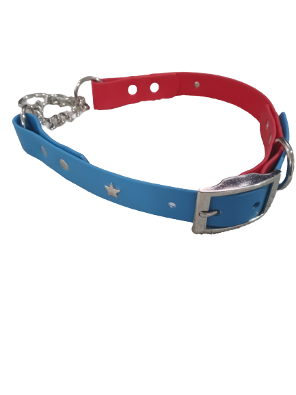 Red and blue patriotic biothane martingale collar 1in wide strap small to xxl