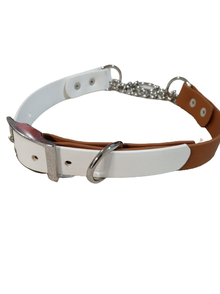 White and tan biothane martingale collar 1in wide strap small to xxl