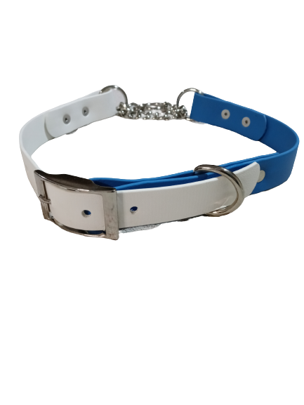 Blue and white 1in wide biothane martingale collar sm to xxl